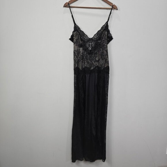 Jonquil by Diane Samandi Nightgown M Black Satin Slip Lingerie Slits Goth Bride - Picture 6 of 15